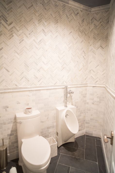 Bathroom With Urinal, Urinal In Home Bathroom, Mancave Bathroom, Bottles Of Alcohol, Slate Floors, Bathroom 2024, Cave Home, Spa Bathroom, Man Cave Home Bar