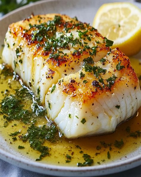 Golden Seared Cod Recipe with Herb Butter Sauce | Easy Meal Cod Easy Recipe, Seared Cod With Herb Butter Sauce, Skillet Fish Recipes, Cod Lemon Butter Sauce, Cod Lion Fish Recipe, Butter Cod Recipes, Cajun Cod Recipes, Golden Seared Cod With Herb Butter Sauce, Wild Cod Fish Recipes