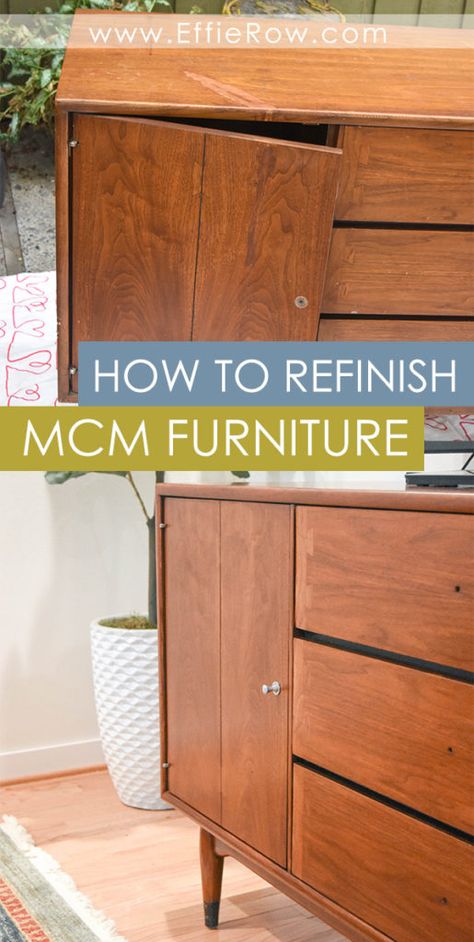 How to restore mid century modern furniture and achieve a perfect finish using steel wool. | #DIY #Minwax #MCM www.effierow.com Mid Century Sideboard Makeover, Mid Century Modern China Cabinet Makeover, Mid Century Modern Bedroom Dresser, 80s Furniture Makeover, Dark Mid Century Modern Bedroom, Mcm Bedroom Ideas, Upcycling Techniques, Diy Mid Century Modern Furniture, Mid Century Modern Dresser Makeover