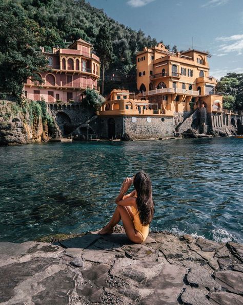 Portofino's iconic golden villa sits perched on Cannone Bay. From the main road in front of Hotel Piccolo, there are steps that lead down to the tiny, quiet cove where visitors will find a small patch of rocky beach, as well as coastal rocks for sunbathing. The water is calm, and the dazzling Ligurian villas are close enough for a swim. Cannone Bay is a five-minute walk from the main part of town. #italy #portofino Italy Portofino, Ligurian Coast, Italy Vibes, Italy Beaches, Portofino Italy, Belmond Hotels, Riviera Beach, Italy Honeymoon, Italy Aesthetic