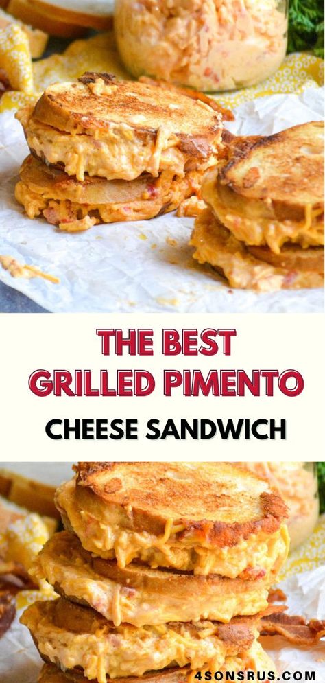 Homemade pimento cheese is so easy to whip together, it makes enjoying an ooey, gooey grilled pimento cheese sandwich a breeze. Lunch or dinner time, when the craving hits- a good grilled cheese always hits the spot. Skip the traditional sliced cheese and spring for a savory pimento cheese filling instead to really take your grilled cheese to the next level. #sandwich #grilledcheese #recipe Pimento Cheese Grilled Cheese Sandwiches, Grilled Pimento Cheese Sandwich Southern Living, Things To Do With Pimento Cheese, Ham And Pimento Cheese Sandwiches, Pimento Cheese Croissant, Grilled Pimento Cheese Sandwich Bacon, Pimento Cheese Dinner Ideas, Pimento Cheese Sandwich Recipe, What To Do With Pimento Cheese