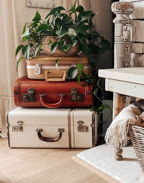 How To Decorate With Old Suitcases Vintage Luggage, Leather Suitcase Decor, Stacked Suitcases Decor, Vintage Luggage Table, Old Suitcase Decor Ideas, Vintage Suitcases Decor, Vintage Suitcase Aesthetic, Old Suitcase Decor, Old Suitcase Ideas Repurposed