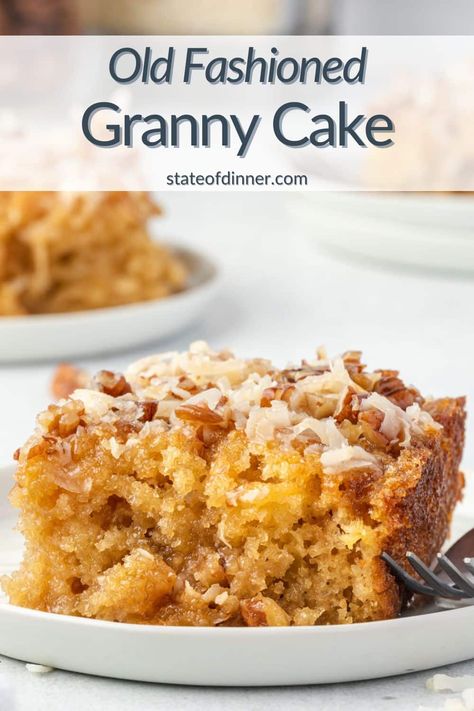 This old-fashioned Granny Cake recipe is a delicious pineapple cake with a sprinkling of brown sugar and a creamy, buttery sauce with chopped nuts and coconut poured over the top. The topping seeps into the cake making it incredibly moist and flavorful. Granny Cake Recipe, Granny Cake, Doodle Cake, Recipes By Ingredients, Tooth Cake, Cake With Coconut, Walnut Cake, Cake Making, Pineapple Upside Down Cake