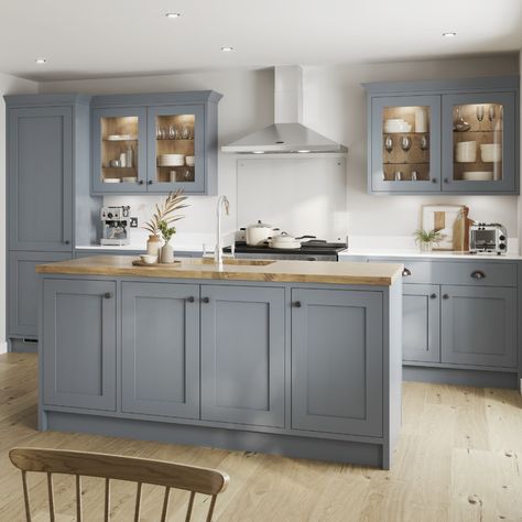 Looking to create a modern kitchen design? Our Chilcomb Dusk Blue In-Frame Kitchen is the perfect contemporary kitchen design. Pair with Howdens light white oak and our solid wood worktop, the perfect addition to a contemporary home. Dusk Blue Shaker Kitchen, Howdens Blue Shaker Kitchen, Blue Howdens Kitchen, Blue Contemporary Kitchen, Light Blue Cupboards Kitchen, Howdens Shaker Kitchen Dusk Blue, Dusk Blue Kitchen Howdens, Wren Kitchen Shaker Winter Blue, Chilcomb Dusk Blue Kitchen