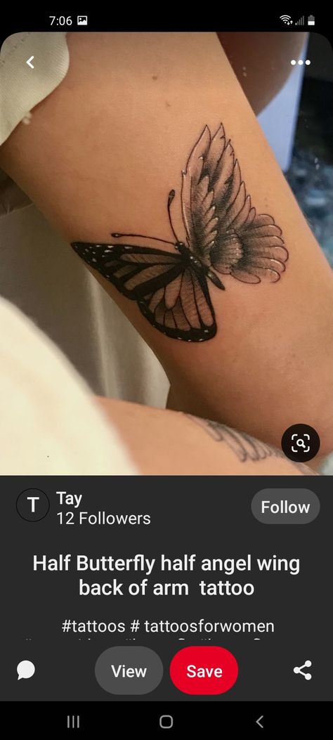 Half Angle Wing Half Butterfly, Butterfly And Wings Tattoo, Angel Wings On Shoulder Tattoo, Angel Wings And Butterfly Tattoo, Eagle And Butterfly Tattoo, Butterfly Tattoo For Someone Who Passed, Angel And Butterfly Tattoo, Half Angel Half Butterfly Tattoo, Memorial Tattoo Butterfly