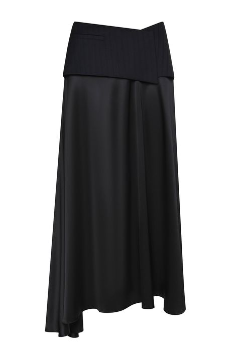 High-waist midi skirt combined from two fabrics: recycled wool upper part and organic silk bottom part. Flared, asymmetrical skirt. Overlayer belt with a clasp fastening. Decorative pockets on the belt. Belt is made from a lined fabric. Color: dark navy and black. Shell: 45% Wool; 55% Polyester / 94% Silk; 6% Elastane Made in Georgia Skirt Design Ideas, Unique Skirts Design, Drop Waist Skirt, Tango Skirt, Body Con Dress Outfit, Skirt Inspiration, Unique Skirts, Layer Skirt, Tailored Skirt