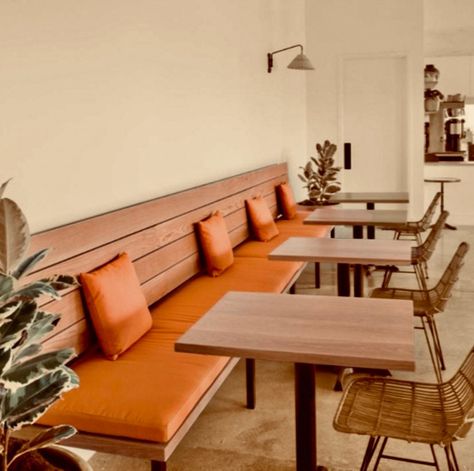 Wall Seating Restaurant, Bench Cafe Seating, Cafe Bench Seating Design, Coffee Shop Bench Seating, 70s Restaurant Design, Cool Cafe Interiors, Cafe Bench Seating, Cafe Booth Seating, Sofa For Cafe