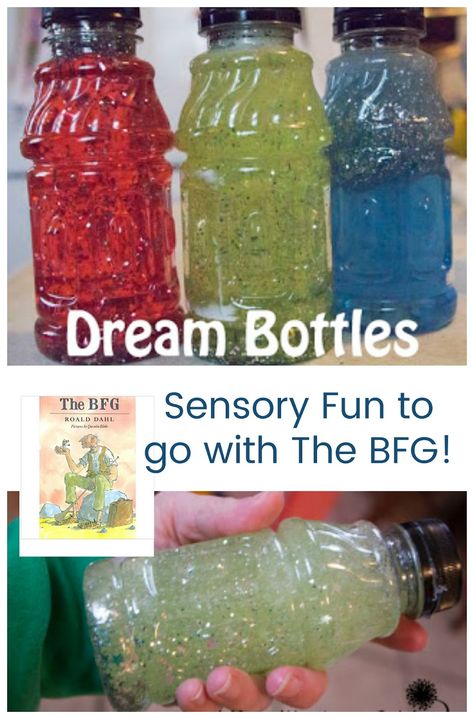 A fun sensory activity to accompany Roald Dahl's "The BFG." Dream Bottles are also a fun way to learn about viscosity! Dream Jars Bfg Ideas, Bfg Party, Bfg Activities, Bfg Novel Study, The Bfg Book, Bfg Dream Jars, Sensory Bottles For Toddlers, Roald Dahl Activities, Bfg Movie