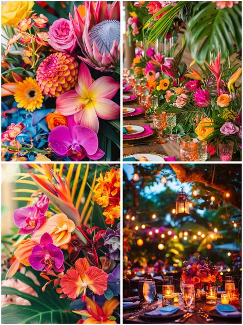 Tropical Mexican Wedding, Colombia Wedding Ideas, Coco Wedding Theme, Multicolor Wedding Theme, Tropical Wedding Palette, Hawaii Themed Wedding, Tropical Wedding Colors, Tropical Disco Wedding, Seaside Wedding Theme