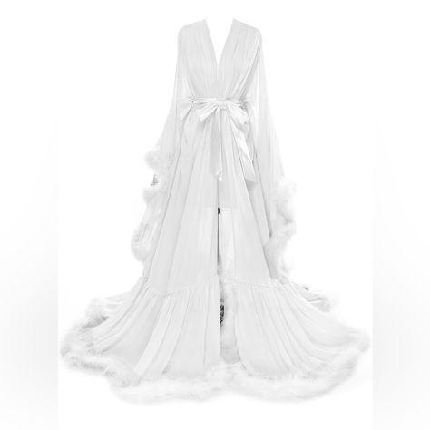 This Feather Bridal Robe Features A Delicate Chiffon Fabric And Fluffy Feather Details That Add A Touch Of Elegance And Glamour. With A Matching Satin Belt, This Robe Is Designed Specifically For A Beautiful Bride On Her Special Day. Material: Chiffon And Feather, Belt Is Satin. Care Instructions: Hand Wash Only White Only White Robe Dress, White Feather Robe, Long White Robe, Bride Nightgown, White Negligee, Robe With Fur, Feather Bridal Robe, White Satin Robe, Bridal Robes Getting Ready