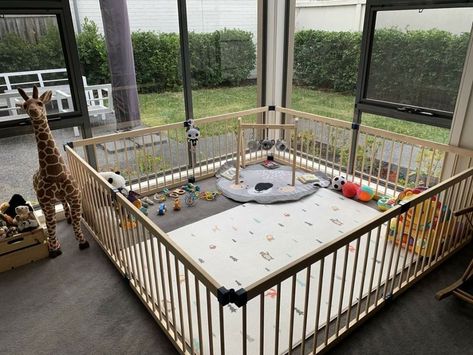 Playpen Bed Ideas, Playpen Bed, Large Playpen, Baby Play Areas, Baby Playroom, Living Room Playroom, Play Pen, Baby Playpen, Baby Room Inspiration