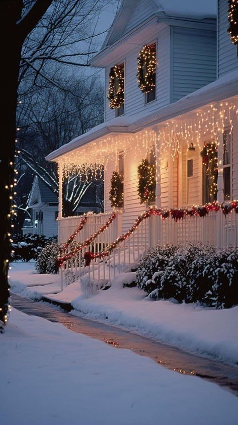 Exterior Christmas Lights White, Christmas Lights Small House, Southern Christmas Aesthetic, Aesthetic Christmas House, Warm White Christmas Lights Outdoor, Walking In A Winter Wonderland, White House Christmas, Christmas Dreaming, December Christmas