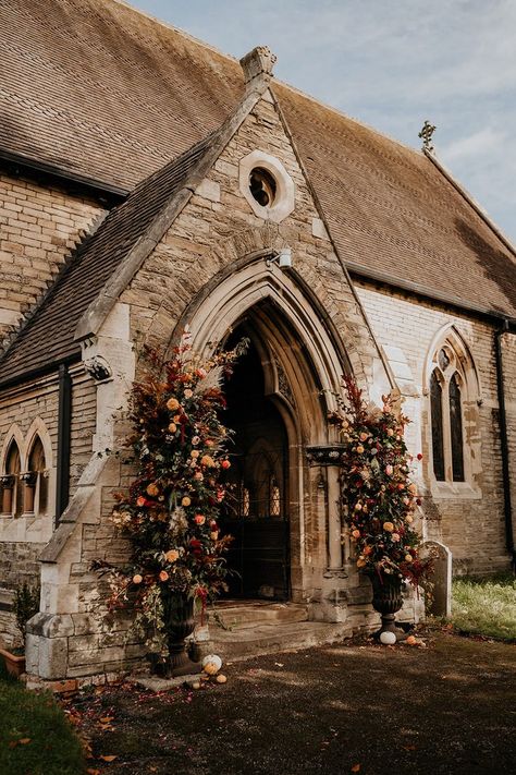 Autumnal wedding flower columns Entrance Flowers Wedding, Flower Columns Wedding, Flowers Church Wedding, Flower Columns, Flowers Entrance, Rustic Church Wedding, Wedding Flowers Church, Entrance Flowers, Cascade Wedding Bouquet