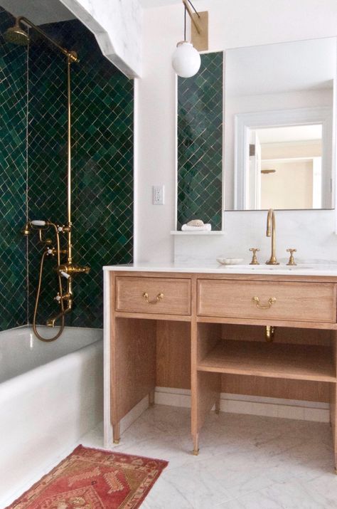 Green Shower Tile, Green Tile Bathroom, Tile Colors, Bathroom Installation, Hall Bathroom, Brooklyn Heights, Brass Fixtures, Upstairs Bathrooms, Glaze Recipe