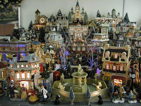 Fountain Plaza by Mastery of Maps, via Flickr Dickens Village Display, Department 56 Christmas Village, Dept 56 Dickens Village, Christmas Tree Village, Lemax Christmas Village, Diy Christmas Village, Christmas In The City, Dickens Village, Christmas Village Houses