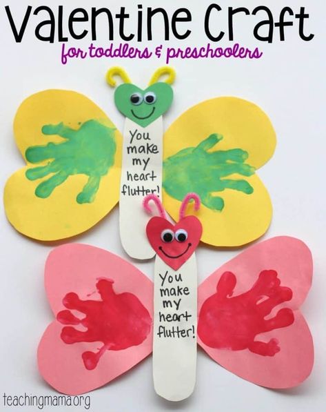 Check out this cute butterfly popsicle stick craft for Valentine's Day!  Made out of little handprints and everyday paint, it's easy to see why children of all ages will enjoy making it.  Click to learn more and see all 13 Valentine's Day Crafts For Kids on the list! #vday #valentinesdaycraft #vdaycraft #diy #preschoolcraft #toddlercraft #kidscraft #preschool #homeschool #butterfly #butterflycraft #craft #crafting #handprintcraft Preschool Valentine Crafts, Toddler Valentine Crafts, Valentines Bricolage, February Crafts, Easy Valentine Crafts, Valentine Craft, Valentine's Day Crafts For Kids, Preschool Valentines, Valentine Activities