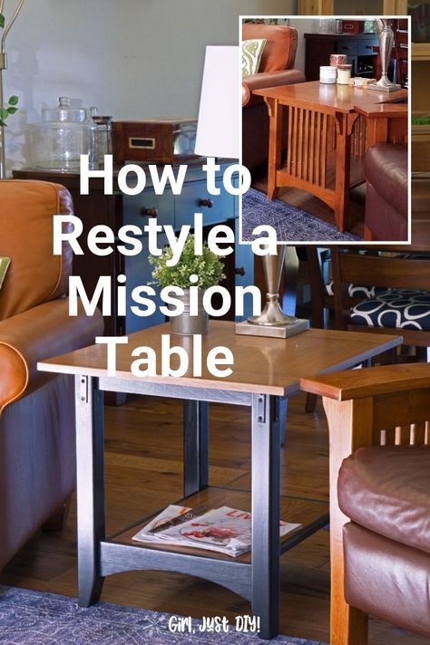 Yes, you can restyle your end table!  Click to see the amazing transformation from a dated Mission style to trending Industrial Style with this DIY Industrial End Table Makeover. Give your old side table a completely new look on a budget with this step-by-step tutorial. Chalk paint recipe provided also #girljustdiy #upcycleproject #industrialstyle #industrialdecor #furnituremakeover Mission Table Makeover, Mission Style End Tables, Industrial Office Table, Office Chair Makeover, Industrial End Table, Mission Table, End Table Makeover, Armoire Makeover, Dining Table Makeover