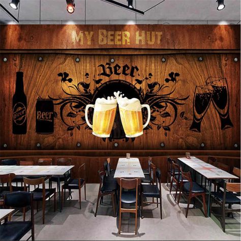 Beer Photos, Cheap Wallpaper, Mural 3d, Retro Cafe, Large Mural, Beer Bar, Green Decor, Background Wall, Retro Wallpaper