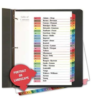 Universal One Table of Contents Dividers, Assorted Color 26-Tab, A-Z, Letter, White, 26/Set. Simply print your selection titles on the Table of Contents page using your laser or inkjet printer. Three-hole punched white dividers feature multicolor laminated tabs & a Mylar-reinforced binding edge for use in standard ring binders. Adaptable to both portrait & landscape orientations. Tab Style: 26-Tab; Tab Color(s): Multicolor; Index Divider Size: 11 x 8 1/2. Teacher Data, Table Of Contents Template, Data Binders, Three Hole Punch, Emergency Binder, Table Of Contents Page, Index Dividers, Ring Binders, Content Page