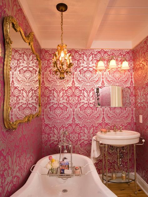 Reasons to Love Retro Pink-Tiled Bathrooms | HGTV's Decorating ... Pink And Silver Wallpaper, Romantic Bathrooms, Fancy Bathroom, French Bathroom, Pink Victorian, Best Bathroom Designs, Victorian Bathroom, Gold Bathroom, Bad Design