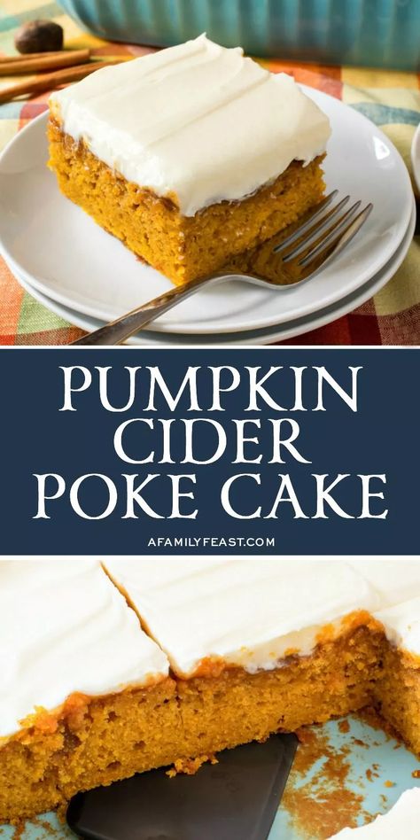 This Pumpkin Cider Poke Cake is a super moist pumpkin cake topped with a sweet apple cider glaze that seeps into the cake, plus a cream cheese frosting. Moist Pumpkin Cake, Pumpkin Cider, Apple Cider Glaze, Feast Recipes, Awesome Desserts, Pumpkin Desserts, Poke Cake Recipes, Poke Cakes, Fall Flavors