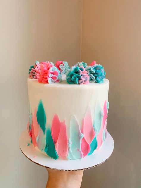 Layered white cake with swatch design from bottom to top. Hot pink, light pink, turquoise, and light blue. Swirl on top. Pink And Teal Cake Ideas, Pink Purple Teal Cake, Colorful Drip Cake, Colorful Buttercream Cake, Pink And Turquoise Birthday Cake, Birthday Cake Bright Colors, Blue And White Cake Ideas, Blue And Pink Cake Design, Teal Cake Ideas Birthday