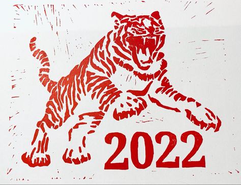 Hand printed original year of the tiger card Linocut Tiger, Lino Cuts, Lino Printing, String Bean, Tiger Logo, Tiger Art, Year Of The Tiger, Tiger Stripes, New Year Card