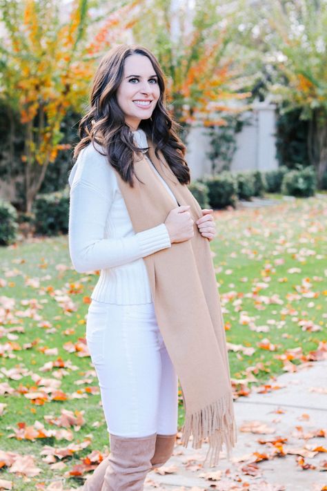 A Winter White Look - Lauren Campbell Neutral Outfit Ideas Winter, Style White Jeans, Lauren Campbell, Neutral Outfit Ideas, Neutral Winter Outfit, Neutral Color Outfits, Winter White Outfit, Beige Scarf, Boots Beige