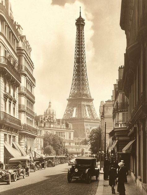 A vintage travel photo of the Eiffel Tower in Paris during the 1920s. The scene features a classic black-and-white or sepia-toned image capturing the Eiffel Tower as a central landmark, surrounded by the charming Parisian architecture of the era. Add period-appropriate details such as vintage cars, people in 1920s fashion and bustling streets with historical elements. Printable art is a simple and cost-effective way to style your space exactly how you like it. Stay updated with the latest decora 1940s Paris Aesthetic, 1920 Paris Aesthetic, Old Paris Aesthetic Vintage, Paris 1800 Aesthetic, Paris 1920s Aesthetic, 1920 Paris, Vintage Paris Aesthetic, Architecture Parisienne, Vintage Eiffel Tower