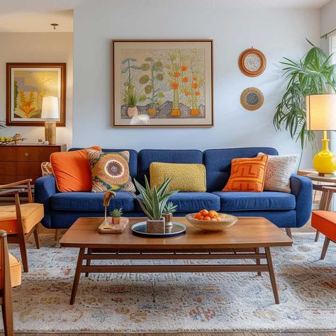 The Art of Mixing Styles in a Mid Century Modern Eclectic Living Room • 333+ Art Images Bold Mid Century Modern Living Room, Modern Eclectic Cottage, Orange Blue Brown Living Room, Vibrant Living Room Ideas Modern, Blue Couch Grey Walls Living Room, 1950’s Living Room, Mid Century Modern Living Room Decor Ideas, Living Room Colorful Ideas, Mid Century Modern Living Room Blue Sofa