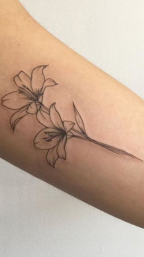 Tattoos Lily Flower, Linework Lily Tattoo, Tigerlily Flower Tattoo, Lilly And Rose Tattoo Small, Two Lillies Tattoo, Surprise Lily Tattoo, Lily’s Tattoo, Dainty Daffodil Tattoo With Name, Amarilys Flower Tattoo