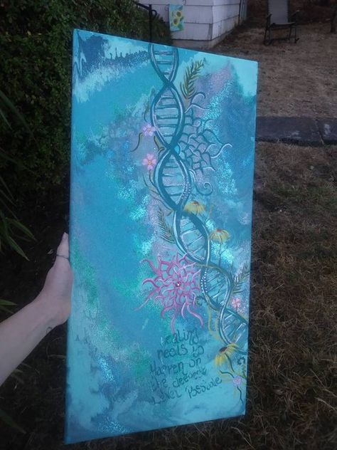 My DNA painting on canvas. https://www.etsy.com/listing/630913624/dna #DNA #spiritual #flowers #acrylicpour #acrylicpainting #originalpainting #painting #etsy #smallbuisness #blue #glitter #yogaroomdecor Science Paintings Canvas, Canvas Painting Ideas Spiritual, Science Paintings Ideas, Dna Painting, Spiritual Flowers, Graduation Basket, Dna Artwork, Dna Art, Inspirational Paintings