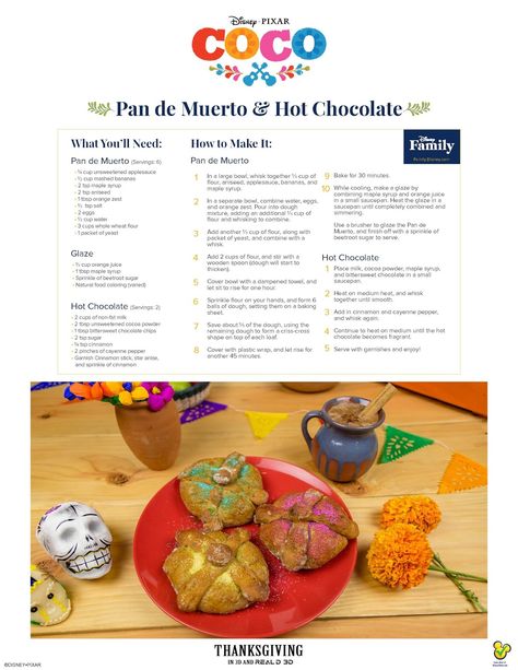 Pan de Muerto & Hot Chocolate Recipe Inspired by Disney/Pixar Coco Coco Coloring Pages, Disney Inspired Recipes, Disney Baking, Disney Themed Food, Disney Movie Night Dinner, Disney Dishes, Disney Inspired Food, Movie Night Food, Disney Coco