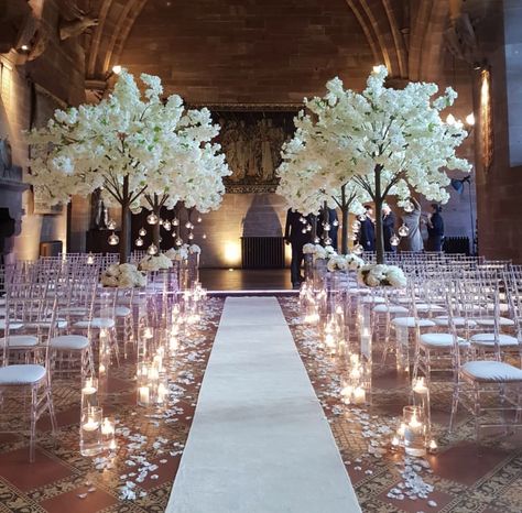 Elegant Wedding Isles, Wedding Venues Cherry Blossom, White Cherry Blossom Wedding Decor, Isle Decorations Wedding, Wedding Isles Decoration, Cherry Blossom Wedding Centerpieces, Floating Candles Centerpieces, Wedding Aisle Candles, Blossom Tree Wedding