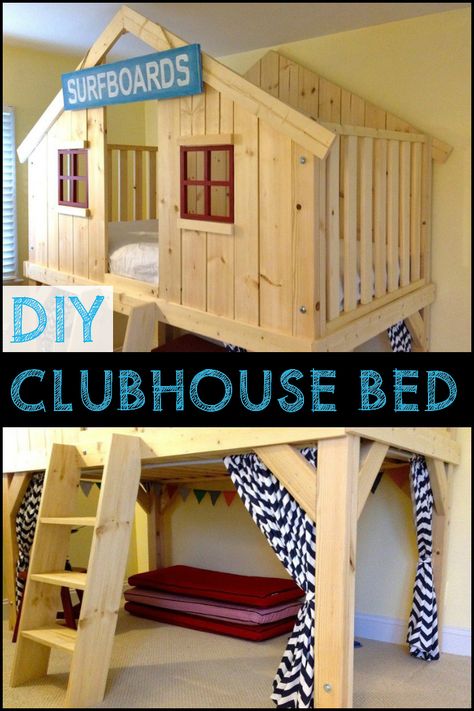 Isn’t this a great project for the kids? With a little bit of tweaking it could be turned into a castle, a tree house or anything else the kids would like. Fort Bed, Bed Fort, Kids Clubhouse, Ideas Habitaciones, Diy Loft Bed, Bunk Beds With Stairs, Bed Platform, Kids Bunk Beds, Bed Plans