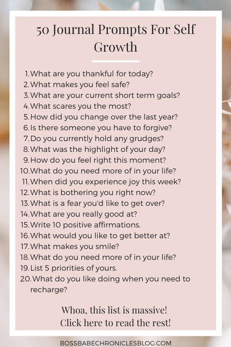 Self Growth List, Personal Growth Prompts, Boss Babe Journal Prompts, Journal Prompts Lists Ideas, Success Journal Prompts, Self Growth Questions, Journal Prompts For Success, Journal Entry Ideas Personal, 365 Journal Prompts For Self Discovery