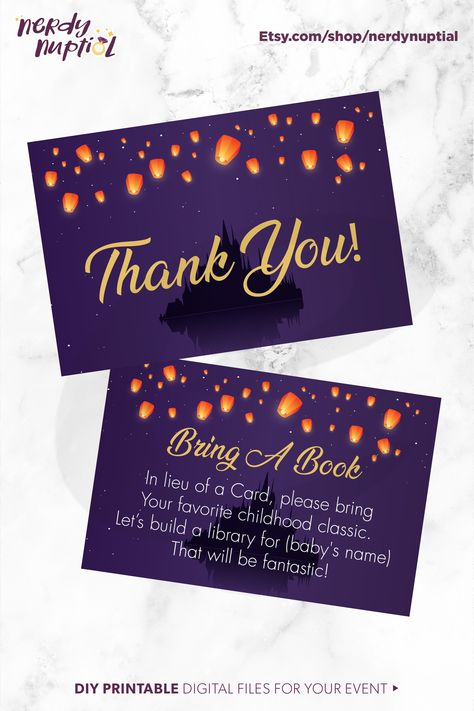 The lanterns shine brightest when welcoming your new dream, a baby. These thank you and books for baby cards are part of our Rapunzel baby shower suite. Claim yours in our shop, link in bio. Follow @nerdynuptial for your geeky wedding, baby shower & party needs.⁠ ⁠ ⁠ #nerdynuptial #diybirthday #rapunzel #disneybirthday #tangled Tangled Baby Shower Ideas, Tangled Room, Tangled Theme, Video Game Wedding, Tangled Wedding, Geeky Wedding, Nerdy Wedding, Wedding Kit, Books For Baby