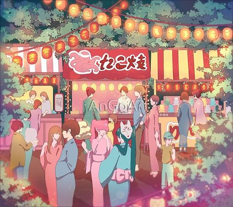 Japan Summer Festival Illustration, Japan Festival Illustration, Natsu Matsuri Festivals, Japanese Festival Anime Background, Japan Summer Festival Aesthetic, Japanese Festival Illustration, Japanese Festival Drawing, Tanabata Festival Japan, Matsuri Aesthetic