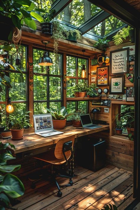 Wooden Garden Room, Outdoor Office Design, She Shed Therapy Office, House Plant Room Ideas, Boho Shed Interior, Small Greenhouse Interior Ideas, Shed Office Conversion, Greenhouse Office Space, Small She Shed Interior Ideas