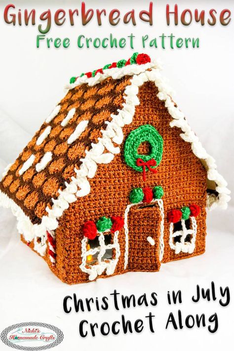 This Gingerbread House is a free crochet pattern that is held as a Christmas in July Crochet Along. It includes Wreaths, candy canes, gumdrops, icicles and snow. #freecrochetpattern #freepattern #freecrochet #ginerbreadhouse #crochetalong #christmasinjuly #christmas #christmaspattern #christmascrochet #crochetcandycanes Christmas In July Decorations, Gingerbread House Patterns, Crochet Christmas Wreath, All Free Crochet, Holiday Crochet, Crochet Home Decor, Christmas Crochet Patterns, Homemade Crafts, Crochet Home