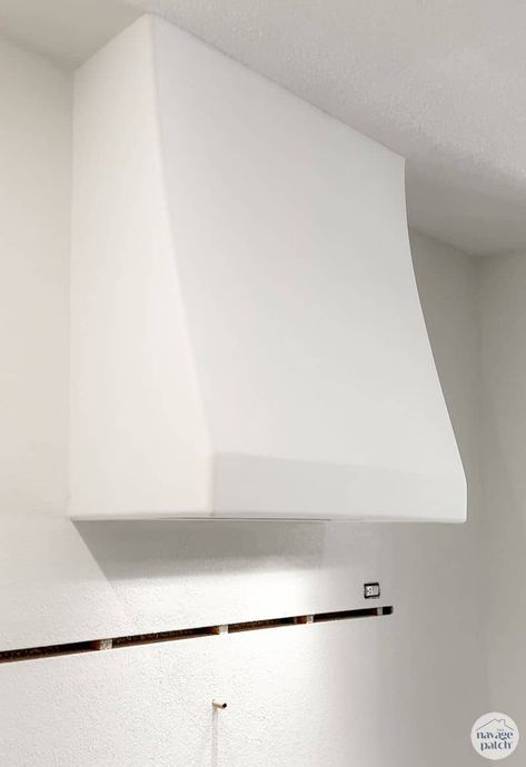 Range Hood Diy How To Build, Lime Wash Range Hood, Limewash Range Hood, Drywall Hood Vent, Plaster Stove Hood, Hood Vent Cover Diy, Diy Plaster Hood, Green Range Hood, White Kitchen Vent Hood