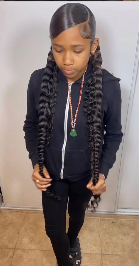 Swoop With Two Ponytails Braids, Birthday Hairstyles For 12 Year, 1 Braid Hairstyles, Two Braid Ponytail, Ponytail Hairstyles With Braids, Sleek Braided Ponytail, Black Kids Braids Hairstyles, Hairstyles With Braids, Two Braid Hairstyles