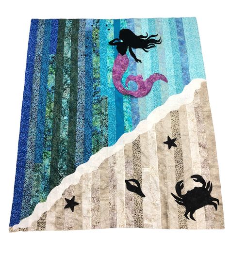 Mermaid sand and sea quilt kit Mermaid Quilt Pattern Free, Plaster Of Paris Canvas, Mermaid Quilt Pattern, Beach Themed Quilts, Seascape Quilts, Landscape Quilting, Princess Quilt, Mermaid Quilt, Ocean Quilt