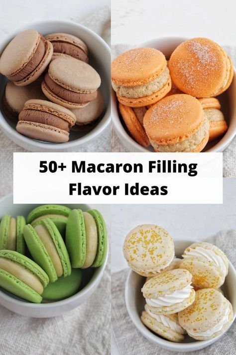 four flavors of macarons all sitting in separate bowls. Marshmallow Filling For Macarons, Easy Macaron Flavors, Macaron Fillings Flavors, Macrons For Beginners, Almond Macaron Filling, Macaroons Flavors Macaron Filling, New Years Macaron Flavors, Marshmallow Macaron Filling, Strawberry Filling For Macarons