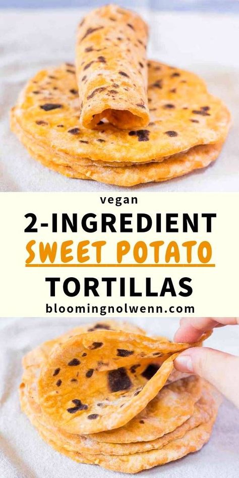 2-ingredient vegan sweet potato tortillas are easy to make and ready in 15 minutes! These homemade tortillas are soft, healthy, delicious and can be made gluten-free! #tortillas #sweetpotato #homemadetortillas Easy Vegan Low Carb Meals, Sweet Potatoes Tortillas, Healthy Sweet Potato Cornbread, Vegetarian Recipes With Sweet Potatoes, Riced Sweet Potato Recipes, Basic Ingredient Recipes, 2 Ingredient Tortillas, Vegan Sweet Potato Recipes Dinners, Sweet Potato Sweet Recipes