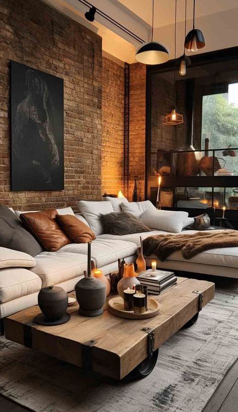 home decor inspiration Exposed Brick Living Room, Brick Living Room, Muted Palette, Desain Pantry, تصميم داخلي فاخر, Contemporary Elements, Industrial Interior Design, Hus Inspiration, Exposed Brick