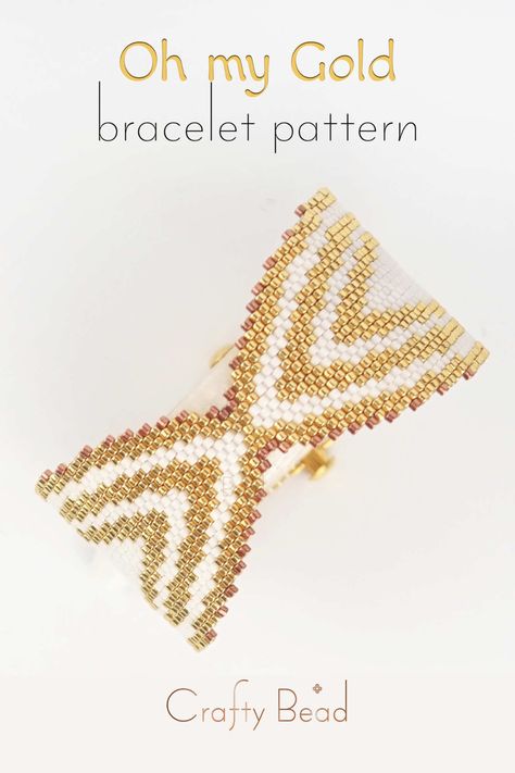 Digital pattern for elegant peyoted bracelet shaped with brick stitch. Fancy and stylish, original design with classic white and gold beads Miyuki Brick Stitch Bracelet, Brick Stitch Bracelet Pattern, Brick Stitch Bracelet, Stitch Bracelet Pattern, Stitch Bracelet, Miyuki Bracelet, Brick Stitch Pattern, Bead Loom Patterns, Beaded Bracelet Patterns