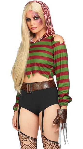 Horror Movie Halloween Costumes, Killer Costume, Garter Shorts, Freddy Krueger Costume, Movie Halloween Costumes, Cold Shoulder Crop Top, Horror Costume, Short Gloves, Leg Avenue