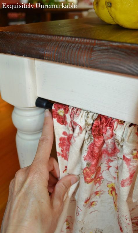 Diy Table Skirts, Cottagecore Table, Desk Skirt, Skirted Table, Cottagecore Diy, Fabric Coffee Table, Sink Skirt, Tension Rods, Diy Dining Table