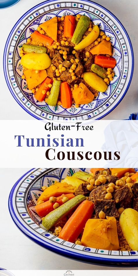 Tunisian couscous is a classic traditional dish that is comforting and flavorful. The couscous is steamed and served with meat, vegetables, and chickpeas. This dinner recipe takes approximately an hour to make and is full of nutrients. Bring the North African cuisine directly to your dinner table with this flavorful recipe. Dinner Ideas Couscous, Tunisian Recipes Dishes, Tunisian Food Recipes, Tunisian Couscous Recipe, Cuscus Recipes, African Vegetables, Couscous Vegetables, Tunisian Dishes, Tunisian Couscous